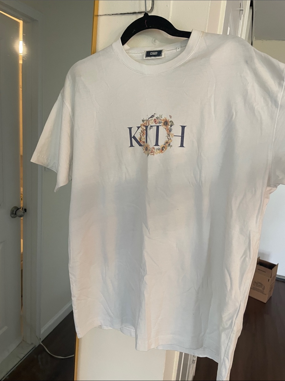 Kith White Tee with Blue Logo and Floral Wreath